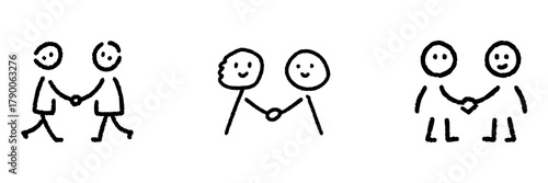 Stick Figure Handshake Line Icon Set In Doodle Style. Collaboration, Agreement, And Partnership Symbol Outline Sketch Collection. Business And Teamwork. Hand Drawn Isolated Vector Illustration
