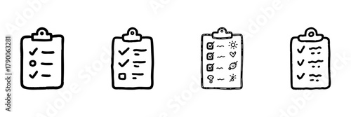 Clipboard Checklist Line Icon Set In Doodle Style. Task Management, Productivity, And Organization Outline Sketch Collection. Hand Drawn Isolated Vector Illustration