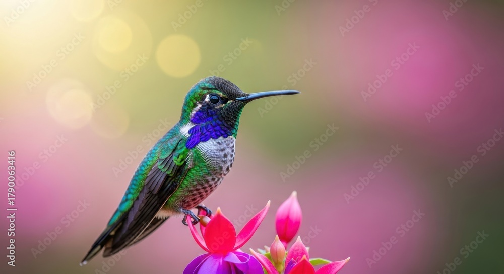 Obraz premium Colorful hummingbird perched on vibrant flowers in a sunny garden setting