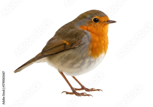 Isolated European robin perched upright, portrait, close-up, eye contact, plumage showing