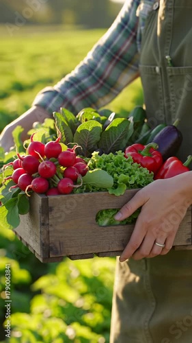 Hands of a person in plaid shirt & green apron cradle a vintage crate with red radishes, romaine lettuce, red bell peppers in a sun-drenched golden hour field with lens flares. Sustainable farm life