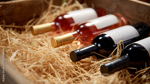Wine bottles stored horizontally in a wooden rack, showcasing rich colors and cork stoppers, highlighting wine cellar ambiance.
