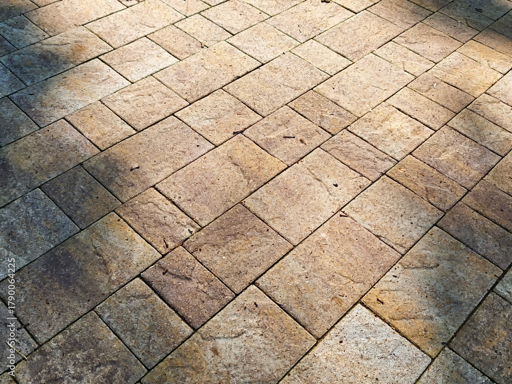 Fototapeta premium Beautiful patterned stone paving in warm tones under natural sunlight in a garden setting
