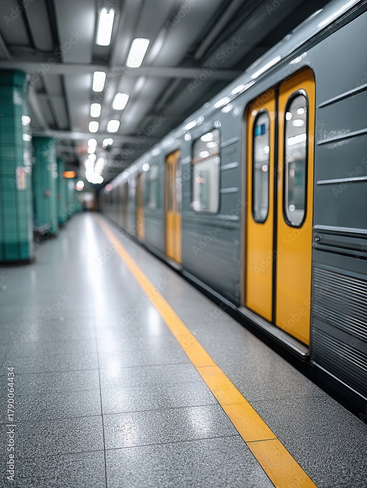 Obraz premium A quiet subway station featuring a train with yellow doors, empty platform, and modern architecture. Ideal for urban transport themes.