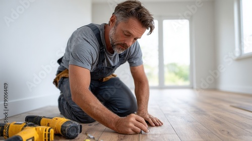 A skilled worker kneels on wooden flooring, measuring and marking for installation. The setting is a bright, modern home with tools nearby.
