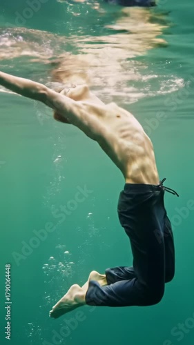 A young, fit caucasian man, shirtless, in dark blue pants, gracefully suspended in clear cerulean water with shimmering caustics, bubbles, and soft bokeh. Concept of serene weightlessness