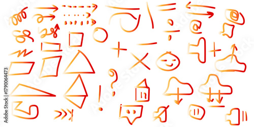 Hand drawn doodle vector set of different symbols, signs and icons arrows, geometric shapes, cloud, house, speaker, and more