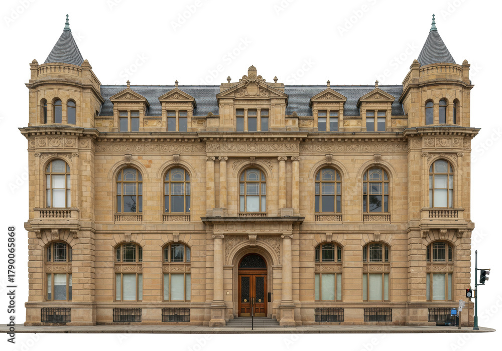 Fototapeta premium Isolated Classical Style Building Facade with Turrets and Arched Windows on City Street
