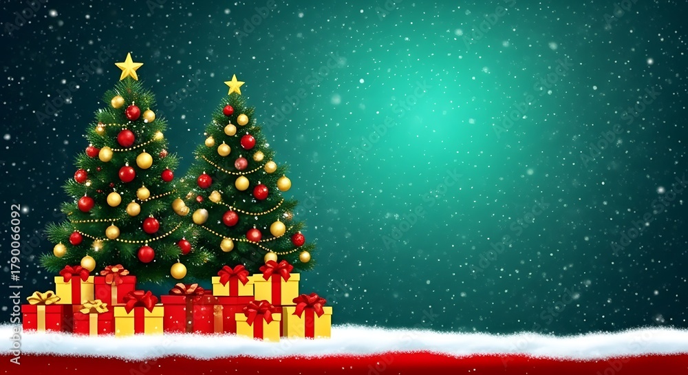Obraz premium Festive christmas trees decorated with lights and gifts under snowfall
