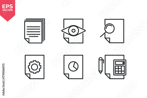 Set of line icons related to files, document searching,. Editable stroke. Vector illustration