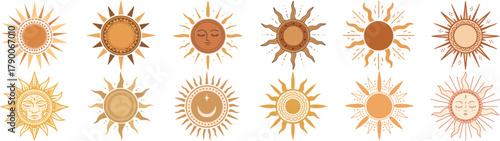Boho sun icons vector set in warm golden tones, decorative celestial with moon and stars, isolated on transparent background. Perfect for astrology, tattoo, spiritual, and bohemian design projects