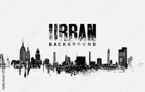 Abstract vector banner on theme urbanism and street art on the background of geometric architecture, silhouettes of skyscrapers of the big city in grunge style. T-shirt design. No ai 
