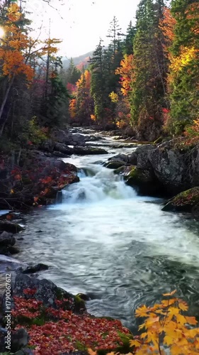 Pristine crystal-clear river with dynamic white rapids over moss-covered rocks, framed by vibrant autumn forest in golden hour light. Slow tracking video. Concept of wild natural grandeur