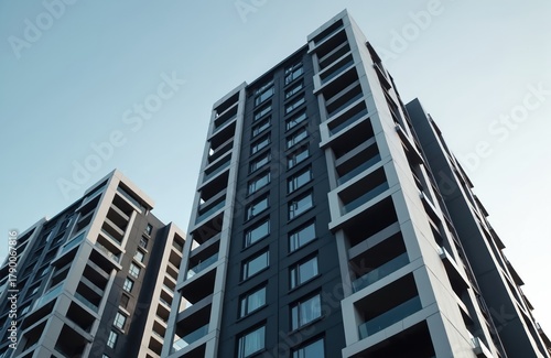 Modern apartment buildings with dark ventilated facades, white architectural details. Tall residential structures feature numerous windows, balconies against clear sky. Urban cityscape, new real