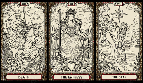 vintage vintage style deck of tarot cards. magical predictions of the future, mysterious characters.	