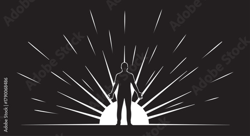Silhouette of a man standing against a sunrise burst of light; power and discovery concept vector