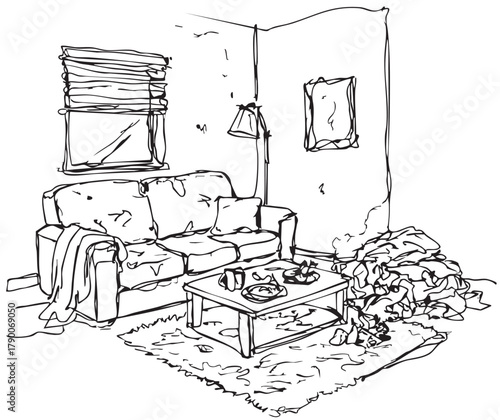 line sketch dirty living room on white background