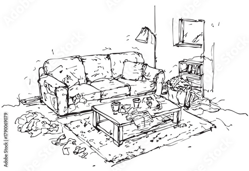 line sketch dirty living room on white background