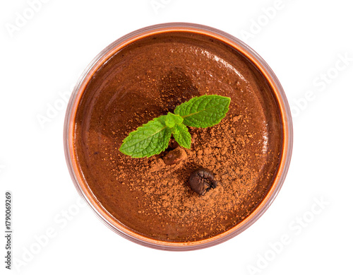 Chocolate Mousse Dessert with Mint Garnish, Top View on Soft Pink Background