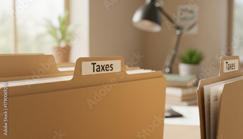 Filing taxes documents and paperwork in an office, preparing for the annual tax season, managing financial records and important bureaucracy for individuals and businesses