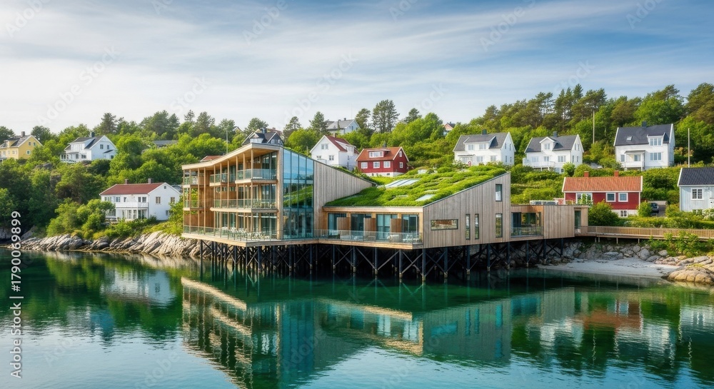 Obraz premium Modern house on stilts by the water with green roof and scenic view of residential area