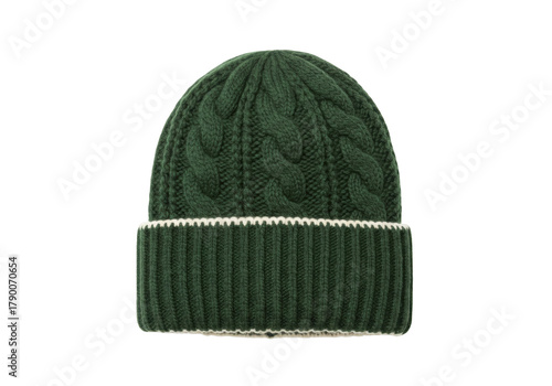 Photos Isolated woolly dark green knit cap, winter apparel, cozy, knitted bobble hat, f