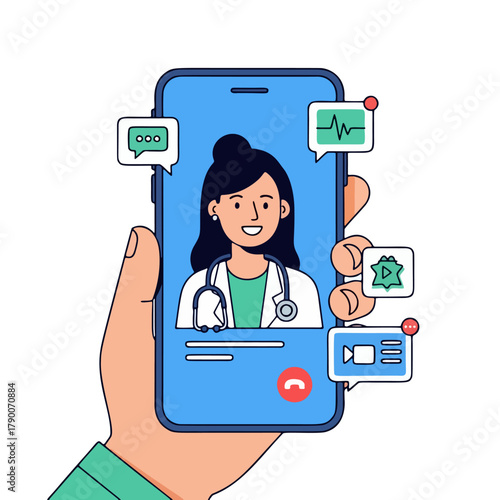 Hand holding a smartphone displaying a female doctor during a telehealth video call with various communication icons around the screen.