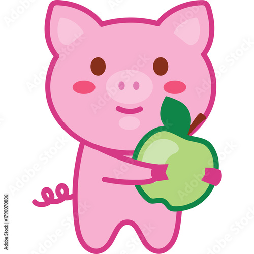 Cute Pink Pig Holding a Green Apple with Rosy Cheeks and a Curled Tail against a Transparent Background