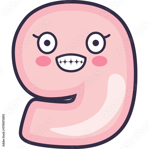 Cute Pink Number Nine Character with Happy Expression and Wide Smile on Transparent Background