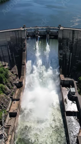 Aerial video of colossal brutalist dam. Powerful foamy water gushes over spillway, creating mist under bright daylight. Concept of monumental engineering grandeur