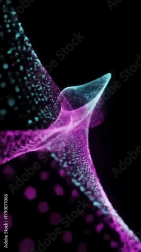 Vibrant fuchsia and electric teal particles, light trails sweep, swirl, form fractal patterns against a black void with ethereal glows, futuristic data stream concept