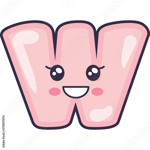 Cute Pink Letter W With Happy Face And Blush On Transparent Background