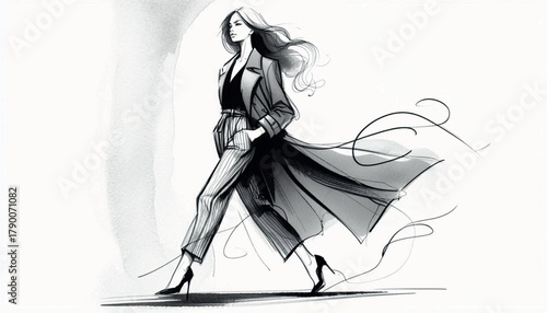 Fashion models. Sketch. Woman in pants and coat