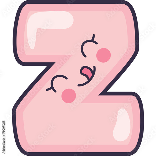 Cute Pink Letter Z Bubble Font with Kawaii Face and Googly Eyes Transparent Background