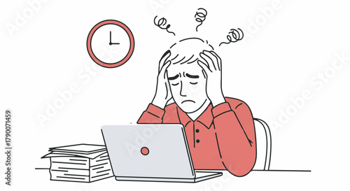 Frustrated stressed office worker suffering headache while struggling with deadline on laptop illustration