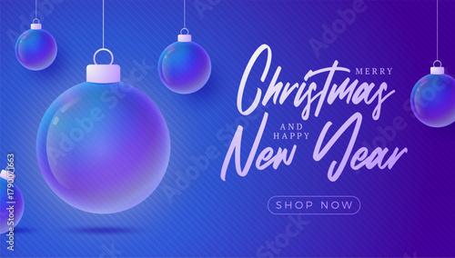 Merry Christmas & Happy New Year Sale | Glowing Blue Holiday Ornaments | Modern Festive Background with Shop Now Button
