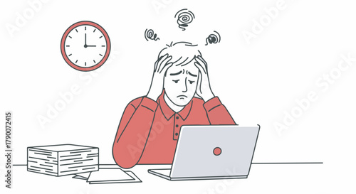 Overworked office employee suffering from burnout and headache under deadline pressure.