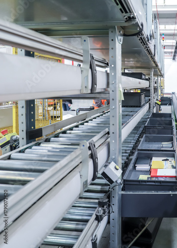 packing line in a logistics warehouse. conveyor belt in a modern production line