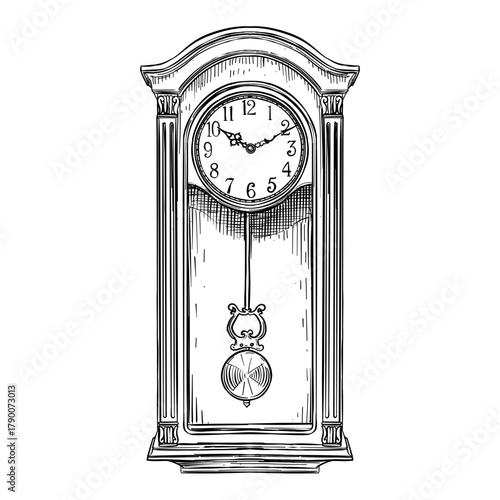 vintage pendulum wooden wall clock vector line art hand drawn illustration