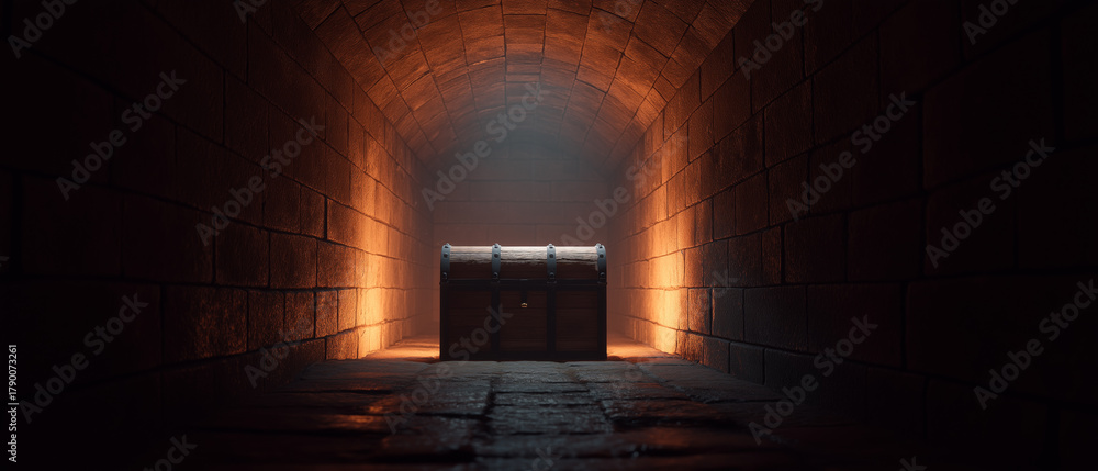 Fototapeta premium A treasure chest illuminated by warm light in a dark stone tunnel.