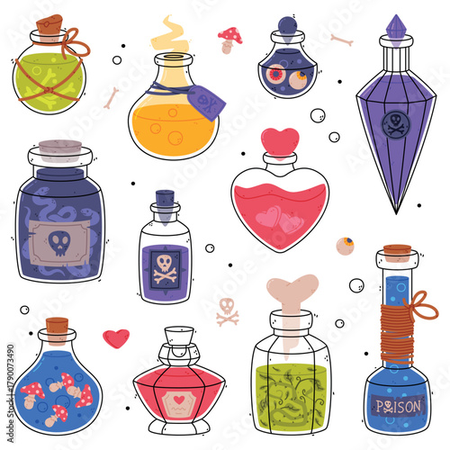 Potion Bottle and Glass Flask with Cork Vector Set