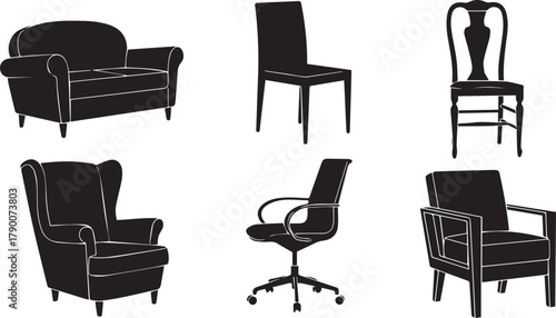 Collection of vector furniture silhouettes including sofa, armchair, wingback, and office chair icons