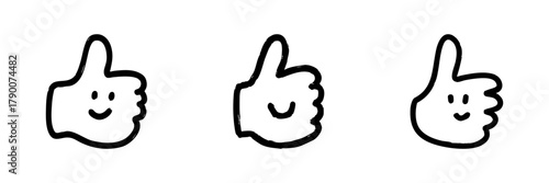 Three Thumbs Up With Smiley Faces Line Icon Set In Doodle Style. Positive Feedback, Approval, And Satisfaction Expression Outline Sketch Collection. Hand Drawn Isolated Vector Illustration
