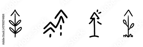 Arrow Growth And Progress Line Icon Set In Doodle Style. Business Development, Financial Growth, And Success Indicators Outline Sketch Collection. Hand Drawn Isolated Vector Illustration