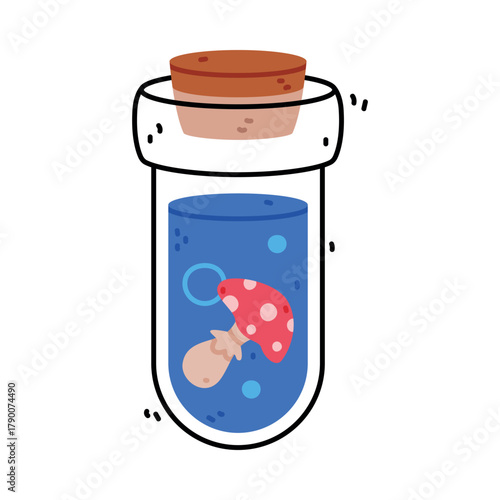Potion Bottle and Glass Flask with Cork and Mushroom Vector Illustration