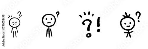 Stick Figure Emotions And Punctuation Line Icon Set In Doodle Style. Confusion, Curiosity, And Surprise Expression Outline Sketch Collection. Hand Drawn Isolated Vector Illustration