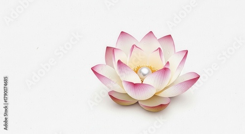 Beautiful pink lotus flower with a pearl center floating against a plain background