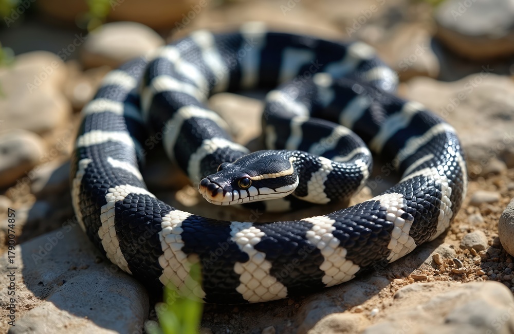 Obraz premium California king snake coils on rocks. Its black and white bands contrast sharply. The reptile has shiny scales and alert eyes. It rests in its natural habitat.