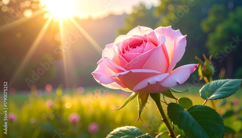 Fototapeta Naklejka Na Ścianę i Meble -  A close-up of a vibrant pink rose, bathed in warm sunlight, set against a blurred green meadow backdrop