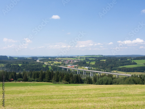 Oy-Mittelberg, Germany - July 21st 2024: Huge concrete bridge of A7 motorway in the Bavarian landscape